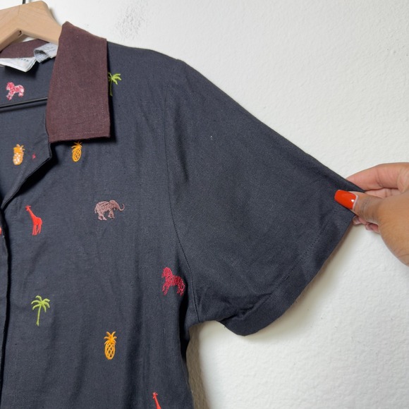VTG 90s Studio Ease Linen Button Up Top Black Novelty Granola Girl Zoo Palm Tree - Picture 3 of 10